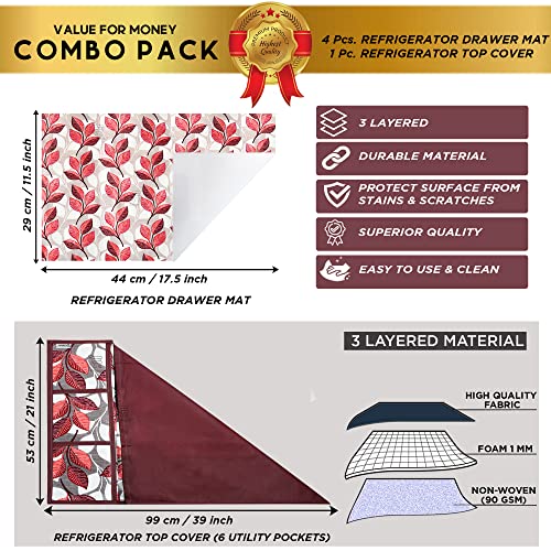 Image of Polyester 3-Layered Fridge Top Cover /Refrigerator Cover with Utility Pockets and Set of 4 Pc Fridge Mats (Color- Leaf Pink, Size-39x21 Inches)