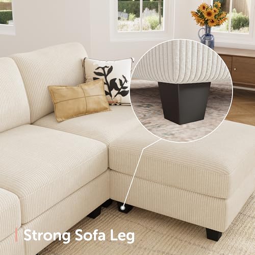 HONBAY Modern Corduroy Ottoman Module Sofa, 28.4 Inch Square Ottoman Bench with Storage, Beige - Thumbnail 6