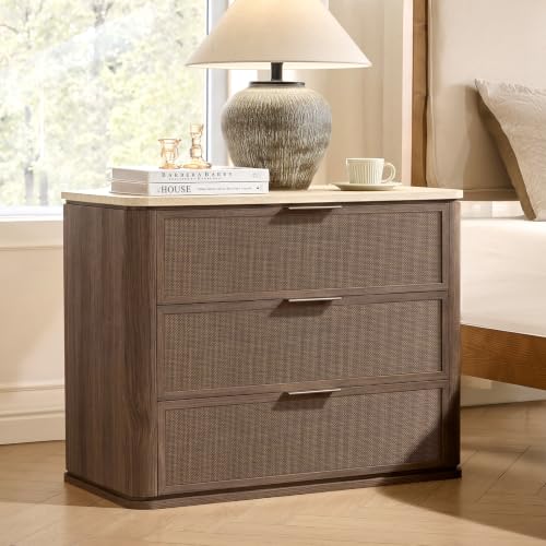 Image of Night Stand Set of 2, 30.71 inch W Rattan Nightstand with 3 Drawers, Faux Marble Top Bedside Table, Boho Mid Century End Table for Bedroom Living Room Sofa Office, Dark Oak [FSC Certified]