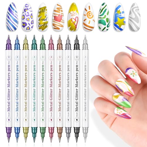 Image of SAVILAND Nail Art Pens Set: 10 Colors Double Ended Quick Dry Nail Polish Pens for Nail Art Design Painting Drawing Liner Brush Dotting Tool Metallic Nail Paint Markers Pen Home Manicure DIY