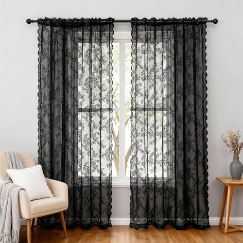 NAKIHOUSE Rideau en dentelle voile, traitement de fenêtre à filtration de lumière avec filet de 63 cm de chute Rideaux transparents et voilages avec fente...