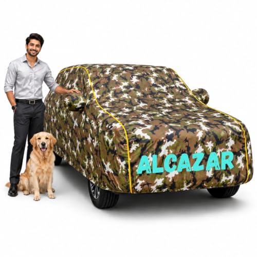 Image of Waterproof Car Cover for Alcazar | Soft Cotton Lining Heavy Duty Triple Stitched Heat Resistant Outdoor Cover Comes with Mirror and Antenna Pocket Full Bottom Elastic (Zig Zag Jungle)