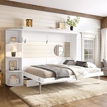 KEIKI Queen Size Horizontal Cabinet Murphy Bed with Shelf & Side Cabinets & Drawers, Foldable Hideaway Wall Bed Frame with Slats, No Box Spring Needed, Easy Assembly, for Bedroom, Guest Room, White