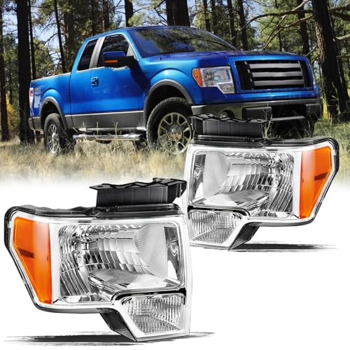 Aosky Headlight Assembly Compatible with 2009 2010 2011 2012 2013 2014 Ford F150 Headlamp Chrome Housing with Amber Reflector
