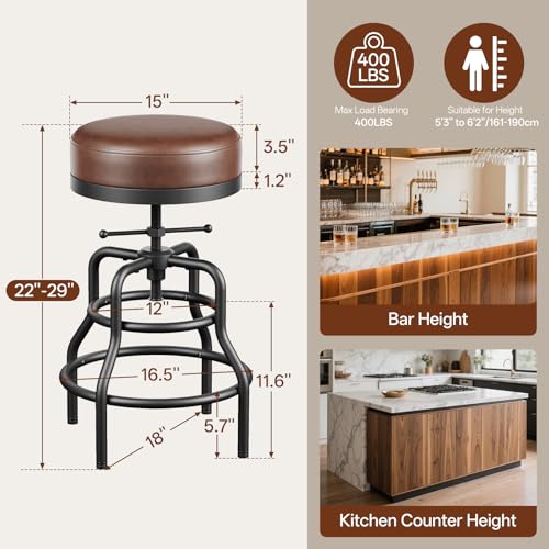 Image of Raynesys 22-29 Inch Adjustable Height Industrial Swivel Bar Stools Set of 2 | Vintage Bar Counter Height Stool with Thicken Premium Bonded Leather Seat & Updated Footrest, Easy Assembly, Brown