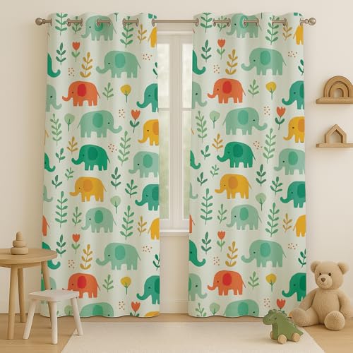 Image of STITCHNEST Velvet Kids Curtains Pack of 2 | Colorful Elephant & Leaf Print | Semi Blackout Curtains for Nursery, Baby & Toddler Room | 7 Feet
