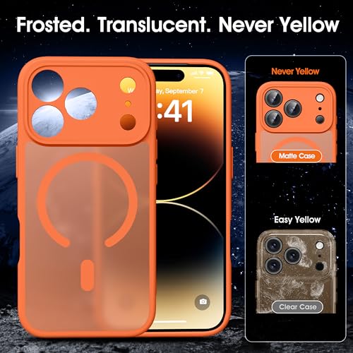 Image of Oterkin Magnetic for iPhone 17 Pro Case Matte, Upgraded Full Camera Protection Compatible with MagSafe Frosted Translucent Shockproof Anti-Scratch Slim Fit Case Military Grade Protection (Orange)