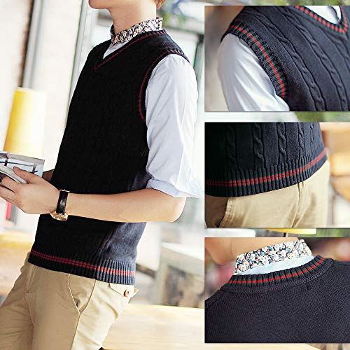 TopTie Men's V-Neck Cotton Twist Knit Sweater Vest Green and Red Trim3