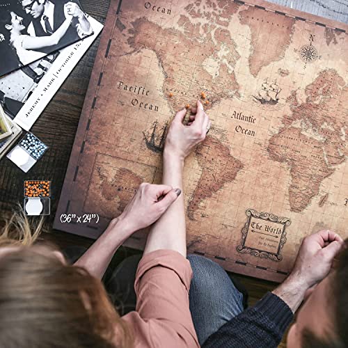 Push Pin World Map Board - With Push Pins to Mark World Travel - Handmade in Ohio, USA - Design: Golden Aged (24\" x 16\")