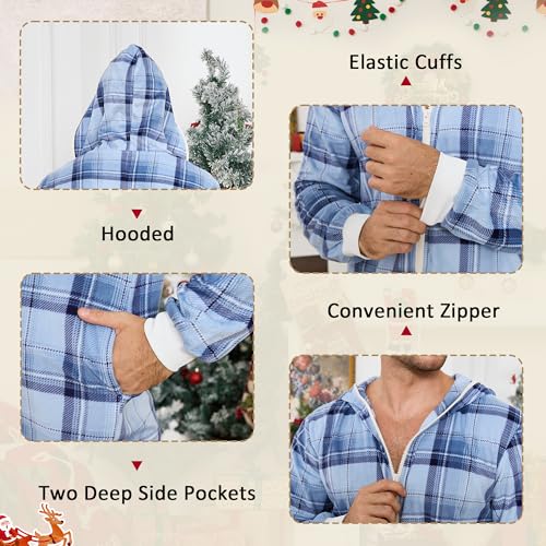 U2SKIIN Couple Fleece Onesie Pajamas, Matching Plaid Hooded Zipper Pjs Set Christmas Jumpsuit Warm Sleepwear for Women & Men3
