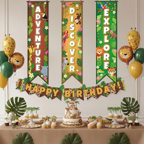 Image of Chiisong 3 Pcs Safari Party Decorations Jungle Banners Animal Safari Backdrops Adventure Explore Hanging Porch Sign for Wild Jungle Zoo Birthday Party 2026 VBS Classroom Home Door Wall Decor