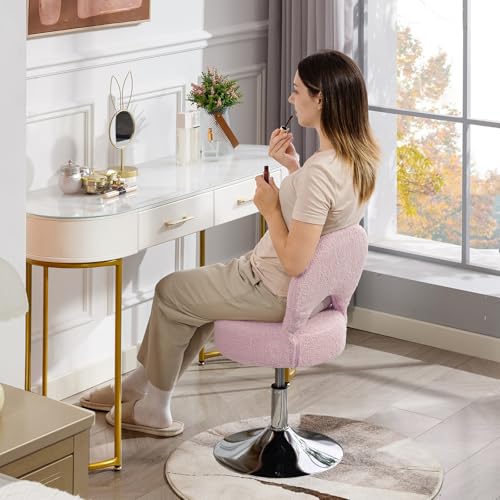 Image of Adjustable Small Vanity Chair with Folding Back for Makeup | 360 Swivel Vanity Stool for Dressing Room | Comfy Teddy Ottoman Stool for Bedroom | Large | Pink