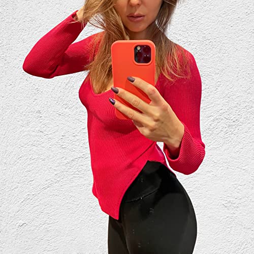 Image of Women's Square Neck Ribbed Knitted Sweater Long Sleeve Crop Slim Fitted Basic Pullover Tops