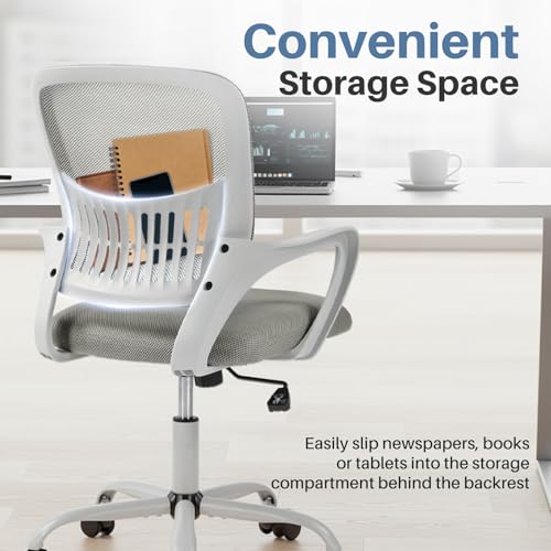 Image of DUMOS Office Desk Chair, Ergonomic Lumbar Support, Home Office | Height Adjustable, Fixed Armrest, Rocking Mode, 360 Swivel, Conference Room, Grey