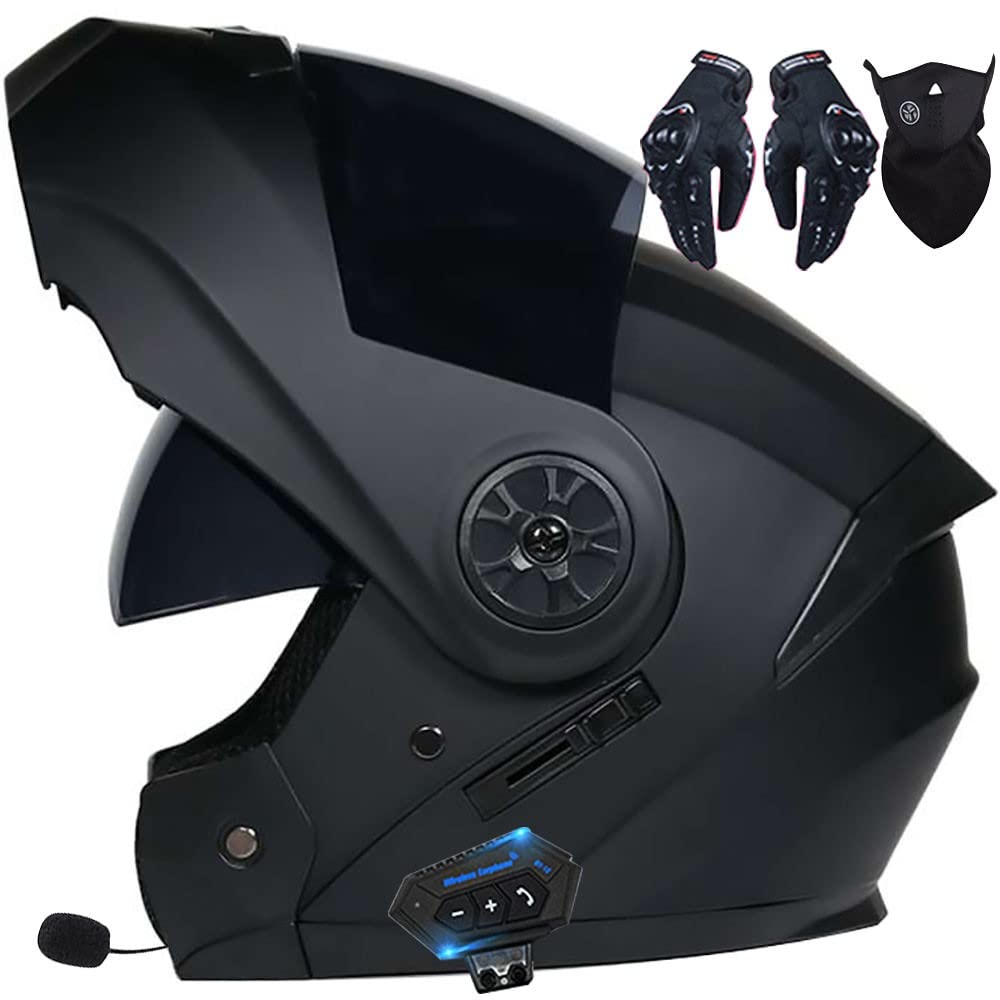 Casque Modulable Moto Bluetooth Intégré ECE Homologué avec Double Visière Anti-buée Casques Intégraux Racing Motocross Ventilation Noir Mat pour Homme Femme 55~62cm
