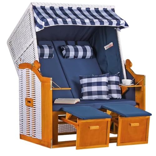 Mr. Deko Playa mar Báltico volllieger Silla de Playa Tumbona de jardín PE Trenzado Color Blanco Incluye Funda de PVC – 4 Cojín – Playa Cestas de Madera Dura y Polirratán para jardín