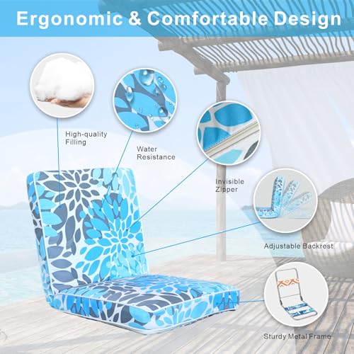Image of JMGBird Floor Chair with Back Support - Adjustable 5-Position Gaming Chair, Waterproof Light Blue Floral Print, Indoor Outdoor Meditation Cushion