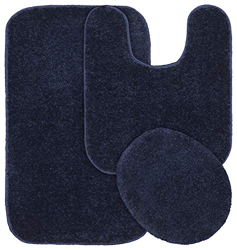 Garland Rug Gramercy Washable Bath Rug – Soft, Plush, Absorbent, Quick-Dry, Durable, 3 Piece Rug Set (Toilet Lid Cover, Contour Rug, 20' X34' Bath Rugs), Navy
