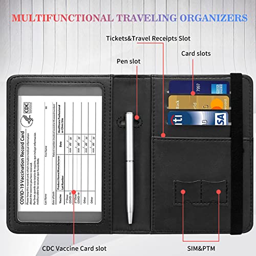 Passport Wallets and Vaccine Card Holder Slot,RFID Blocking Leather Passport Holder Book Cover Case with CDC Vaccination Card Slot,Travel Documents Organizer Protector+Metal Pen,Eagle and US Flag2