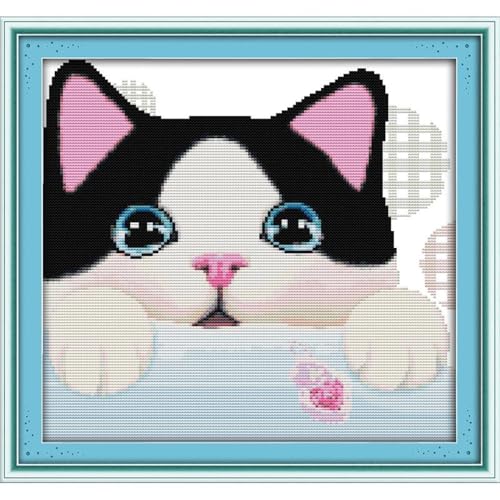 Image of JOYSEWING Cat face Stamped Cross Stitch Kit, Animals Pattern 11CT Cross Stitch Kit for Adult DIY Gifts Craft kit Embroidery Kits for Beginners Wall Decor (Curious(11CT) 17.32 x16.14 inch)