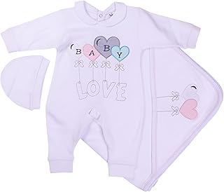 Papillon Cotton Set of 3 Pieces Long Sleeves Bodysuit&Hat,Blanket Embroidered Baby Love For Unisex-White, 0 Months