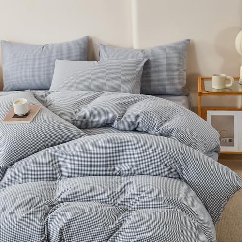 Image of VM VOUGEMARKET Mini Blue Gingham Duvet Cover King 100% Washed Cotton Bedding Set Like Linen Soft Breathable 3 Piece Classic Plaid Checkered Comforter Cover Set (King 104 inchx90 inch, Comforter Not Included)