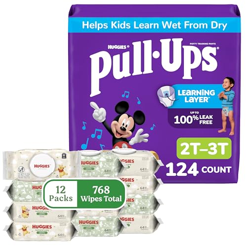 Pull-Ups for Boys + Natural Care Sensitive Wipes Bundle: Pull-Ups Training Pants, Size 2T-3T (16-34 lbs), 124 Count (4 Packs of 31) & Huggies Natural Care Sensitive Baby Wipes, 12 Packs, 768 Count - image 1