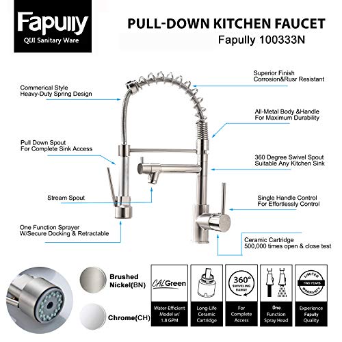Fapully Contemporary Spring Single Handle Kitchen Sink Faucet with Pull Down Sprayer, Brushed Nickel - Thumbnail 7
