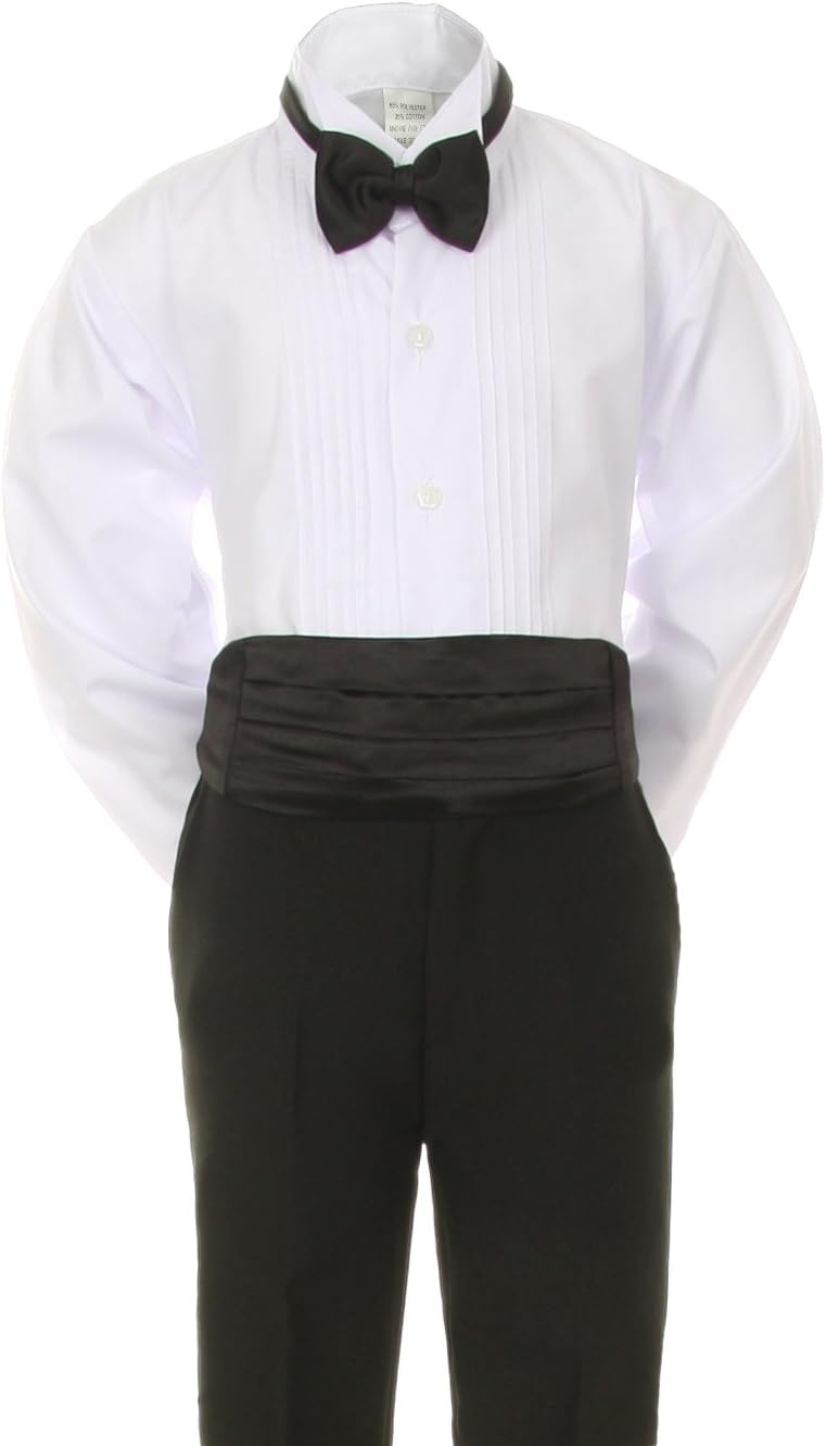 7pc Boy Black Suit Tuxedo Tail Satin Burgundy Bow Tie Cummerbund (S-20)