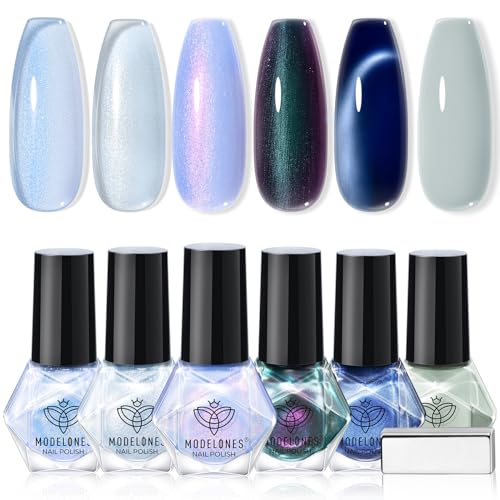 Modelones Lot de 6 vernis à ongles, séchage rapide, bleu, paillettes grises, ensemble de vernis à ongles à longue durée, kit pour salon de manucure DIY,...