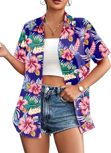 Hohololo Camisa hawaiana para mujer, camisa hawaiana de manga corta, conjunto hawaiano, tallas S-XXL, Multicolor 5, S
