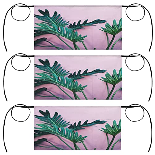 bisibuy Green Pink Tropical Leaves 3 Pack Server Aprons with 3 Pockets, Bright Color Waitress Waiter Wasit Apron for Women Men Restaurant Bistro Cafe Bars Half Aprons Waitress Server Accessories