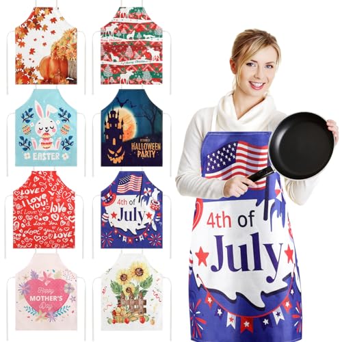 Twistover 8 Pcs Holiday Kitchen Aprons Waterproof Seasonal Aprons Adjustable Baking Cooking Aprons For Women Housewife Mother'S Day Gifts cover