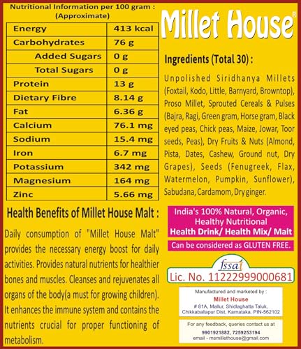 Image of Millet House Sprouted Siridhanya Millets Malt 1.5 KG | 30 Natural Ingredients |100% Healthy Chemical Free Natural Certified Millet Drink | Traditional Millets Organic (1.5 kg) (750g x 2packs)