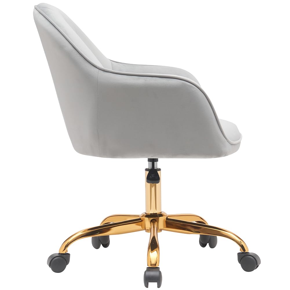 BAKAJI Sedia da Ufficio in Velluto con Base Oro da 55 cm, Imbottitura Extra Morbida e Shabby Chic, Poltrona da Scrivania Arredo Studio Ergonomica con Regolazione Altezza a Gas 95-105 cm (Grigio)