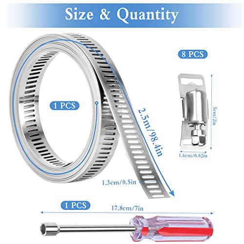 Hose Clamps 10Pcs Jubilee Clips 2.5m/8.2ft Stainless Steel DIY Worm Clamp with 8 Fasteners Fasteners Pipe Clamp Adjustable Hose Clamps with 8MM Socket Screwdriver for Tube Plumbing and Fuel Line - Image 2
