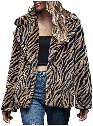 Women Fleece Jacket Fashion Turndown Collar Plush Thick Coat with Pocket Leopard Printed Outwear Warm Shaggy Cardigan
