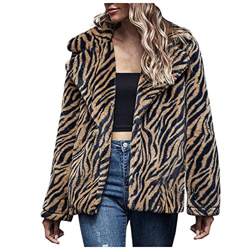 JPOQW Women Leopard Faux Fur Coat Long Sleeve Open Front Parka Overcoat Winter Lapel Fluffy Jacket Cardigan