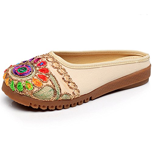 Qhome Women's Chinese Gem Charm Canvas Comfortable Casual Mules House Slippers Shoes