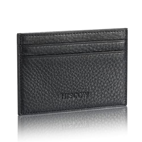 Image of HISCOW Slim Full Grain Leather Card Holder with ID Window, Pebbled Black | Men's minimalist EDC wallet, front pocket carry, 2 credit card slots & center pocket, fits folded bills, premium gift box