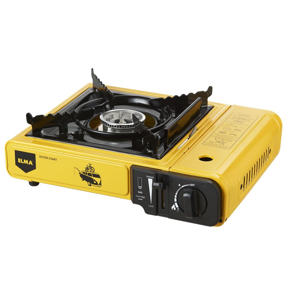 ELMA Camping Gas Portable, Camping Gas Stove Dual Outer Start | Includes Case, Variable Flame Regulator, 34 x 28 x 11 cm, 2.3 Kw, Yellow