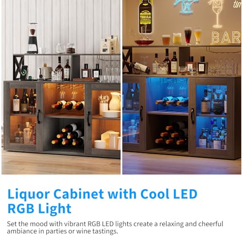 Image of Modern Wine Bar Cabinet with LED Light & Power Outlets - Sideboard Buffet with Wine Rack, Glass, Ample Storage - Freestanding Liquor Storage for Dining Room, Kitchen, Living Room