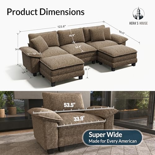 Image of HERA'S HOUSE 124 inch Oversized Modular Sectional U Shaped Sofa,Chenille Taupe | 5-Seater Living Room Couches, Wider Armrest and Deep Seat, Comfy Cloud Couch with Ottoman, Grayish Brown