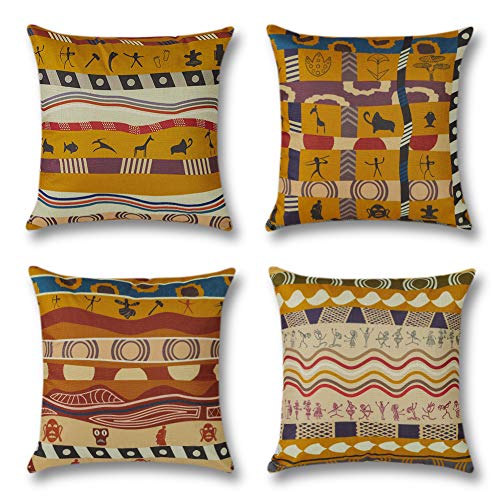 Ohok 4er Set Dekorativ Kissenbezug mit Motiv, Polyester Leinen Zierkissenbezüge 45x45 cm, Modern Dekokissen Sofakissen Kissenhülle Set für Schlafzimmer Wohnzimmer Sofa Couch (Afrika)