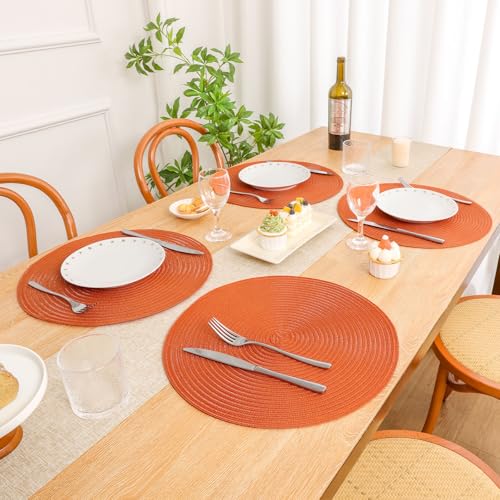 Image of SHACOS Round Placemats Set of 4 for Dining Table Autumn Fall Round Braided Place Mats Washable Non Slip Kitchen Table Mats Decor, Bright Orange