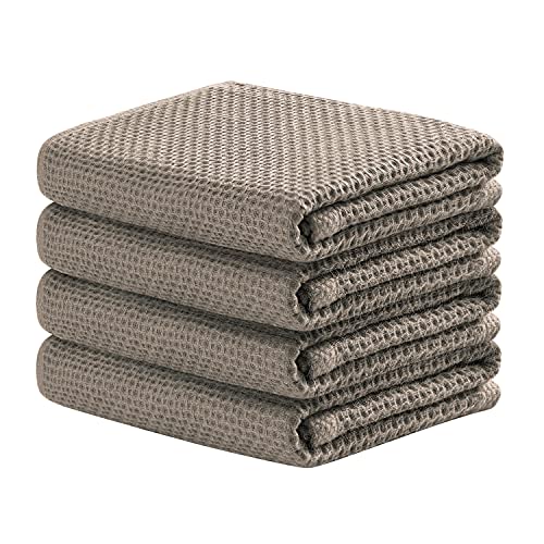 Image of 100% Cotton Kitchen Towels, 4-Pack Waffle Weave Ultra Soft Absorbent Dish Towels Quick Drying Dish Cloths, 18 in x 28 in, Coffee