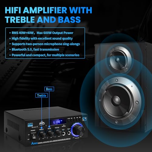 Image of AK45 Bluetooth 5.0 Power Amplifier 2.0CH 40W x 2 Output Max 400W Subwoofer Hi-Fi Audio Amplifier Stereo Amp Receiver for Home Theater and Car Speaker W /Mic USB FM Radio