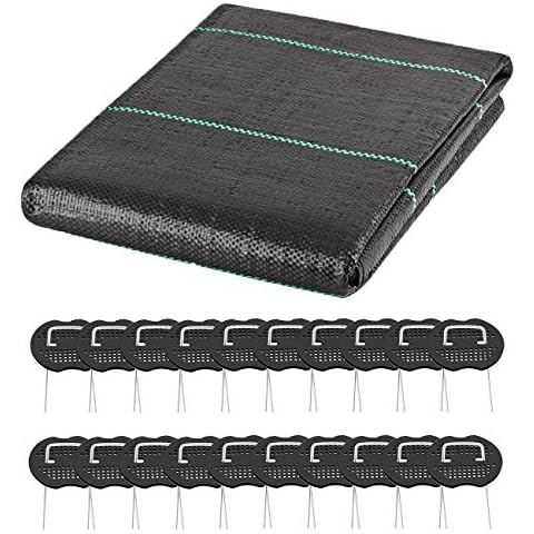 ANGTUO Garden Weed Barrier Landscape Fabric, Weed Block Gardening Mat, Weeds Control with 20 6-Inch Garden Landscape Staples Stakes Pins for Flower Bed, Garden Stakes (6.56ft x 16.4ft) Cover