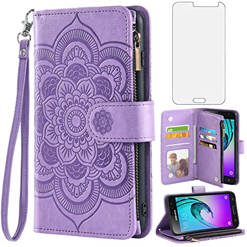 Asuwish Compatible with Samsung Galaxy J3 2016/J 3 V/J36V/Sky/Amp Prime Wallet Case Tempered Glass Screen Protector Flip Card Holder Cell Phone Cover for Glaxay Sol J3V JV3 J36 6 J320V J320A Purple