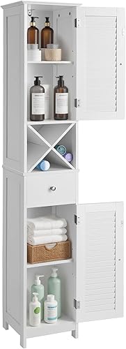 Miniatura 9 de VASAGLE - Gabinete multifuncional para baño con estante de 3 niveles torre para toallas de madera color blanco